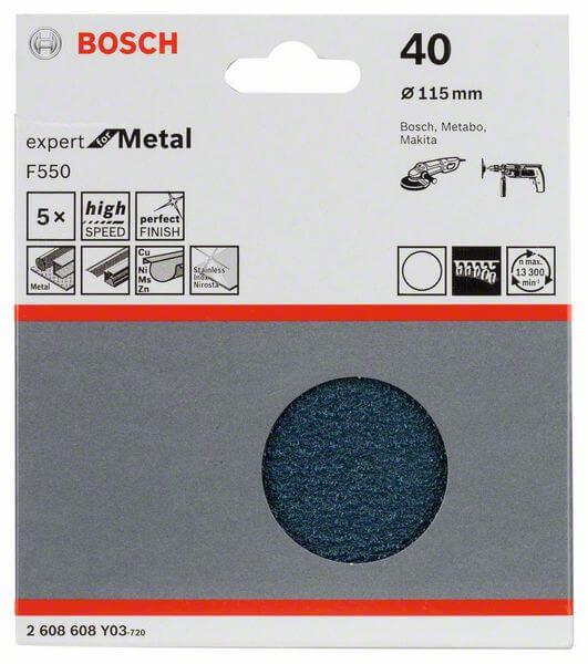 Bosch Schleifblatt F550, Expert for Metal, 115 mm, 40, ungelocht, Klett, 5er-Pack