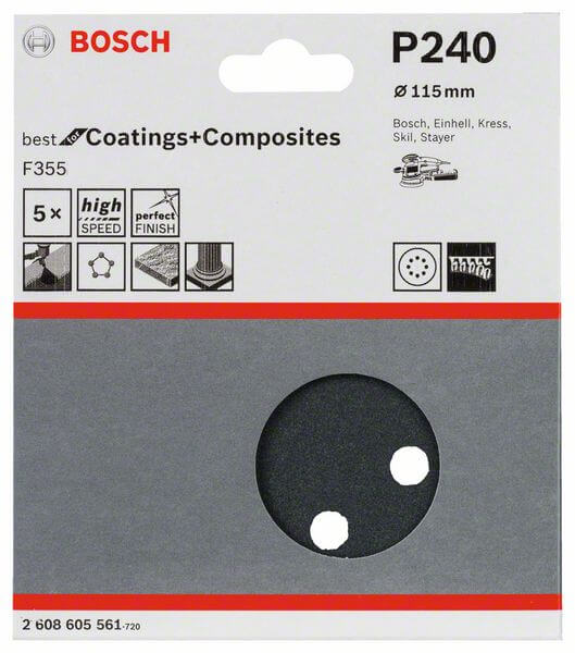 Bosch Schleifblatt F355, 115 mm, 240, 8 Löcher, Klett, 5er-Pack