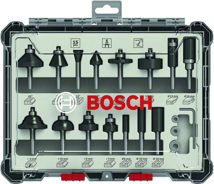 Bosch 15-teiliges Fräser-Set, 6-mm-Schaft. Für Handfräsen