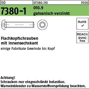 Flachkopfschraube ISO 7380 -1 010.9 M 16 x 60 galv. verzinkt A2F, getempert gal Zn VE=S