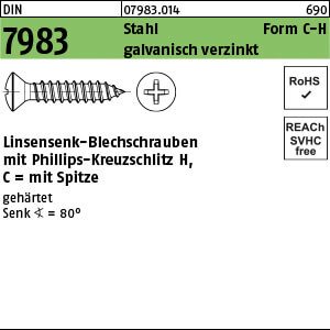 Linsensenk-Blechschraube DIN 7983 Stahl 6,3 x 50 -C-H galv. verzinkt passiviert gal Zn VE=K