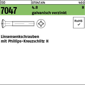 Linsensenkschraube ISO 7047 4.8 M 6 x 20 -H galv. verzinkt gal Zn VE=K
